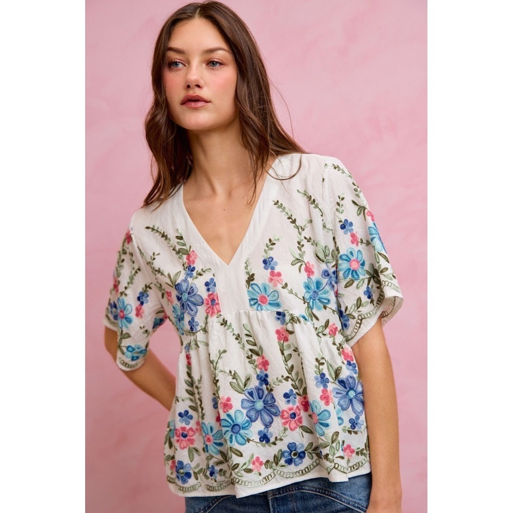 SO ME Floral Embroidered Baby Doll Blouse Top - Large